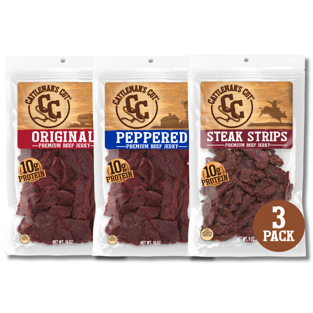 Premium Beef Jerky Best Sellers - Variety Pack - Original, Peppered, Steak Strips